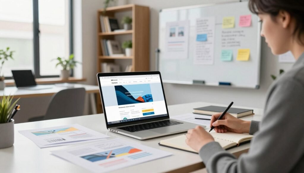 A modern workspace featuring a sleek desk with a laptop displaying a website creation platform, surrounded by design sketches and colorful website layouts. In the foreground, a person in professional business attire is lightly engaged in brainstorming, jotting down ideas on a notepad. The middle ground includes a whiteboard filled with notes on effective web design strategies, illuminated by soft, natural lighting coming from large windows. The background showcases shelves lined with design books and plants, adding a touch of warmth to the space. The atmosphere is creative and focused, inviting viewers to explore the possibilities of building an effective showcase website. Use a wide-angle lens to capture the entire scene with a slightly blurred background for depth. A modern workspace featuring a sleek desk with a laptop displaying a website creation platform, surrounded by design sketches and colorful website layouts. In the foreground, a person in professional business attire is lightly engaged in brainstorming, jotting down ideas on a notepad. The middle ground includes a whiteboard filled with notes on effective web design strategies, illuminated by soft, natural lighting coming from large windows. The background showcases shelves lined with design books and plants, adding a touch of warmth to the space. The atmosphere is creative and focused, inviting viewers to explore the possibilities of building an effective showcase website. Use a wide-angle lens to capture the entire scene with a slightly blurred background for depth.