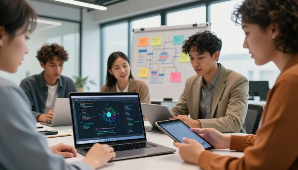 A modern workspace featuring a sleek laptop open on a desk, displaying code and diagrams for creating a custom AI assistant. In the foreground, a close-up of a diverse group of professionals in smart business attire, engaged in an animated discussion over a digital tablet, illustrating collaboration. In the middle ground, a whiteboard filled with colorful notes and flowcharts related to AI development, highlighting key concepts. The background consists of a contemporary office with large windows letting in natural light, creating a warm and inviting atmosphere. The overall mood is focused and energetic, emphasizing innovation and teamwork, with a vibrant color palette that enhances creativity. A modern workspace featuring a sleek laptop open on a desk, displaying code and diagrams for creating a custom AI assistant. In the foreground, a close-up of a diverse group of professionals in smart business attire, engaged in an animated discussion over a digital tablet, illustrating collaboration. In the middle ground, a whiteboard filled with colorful notes and flowcharts related to AI development, highlighting key concepts. The background consists of a contemporary office with large windows letting in natural light, creating a warm and inviting atmosphere. The overall mood is focused and energetic, emphasizing innovation and teamwork, with a vibrant color palette that enhances creativity.