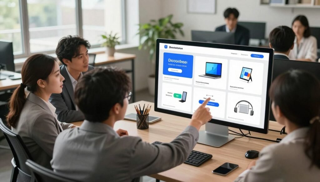 A modern workspace featuring a sleek, user-friendly interface of a digital platform showcasing various business tools and deals, symbolizing the essence of a revolutionary marketplace. In the foreground, a diverse group of professionals in business attire are engaged in discussion, pointing at a large monitor displaying appealing graphics of discounted software and productivity tools. In the middle ground, a stylish office with large windows allowing natural light to flood the room, giving a sense of openness. In the background, greenery visible outside blends with the innovative environment. The scene conveys a vibrant and collaborative atmosphere, emphasizing opportunity and accessibility, captured with a warm, inviting lighting. The angle is slightly elevated, providing a comprehensive view of the interaction and the technology on display. A modern workspace featuring a sleek, user-friendly interface of a digital platform showcasing various business tools and deals, symbolizing the essence of a revolutionary marketplace. In the foreground, a diverse group of professionals in business attire are engaged in discussion, pointing at a large monitor displaying appealing graphics of discounted software and productivity tools. In the middle ground, a stylish office with large windows allowing natural light to flood the room, giving a sense of openness. In the background, greenery visible outside blends with the innovative environment. The scene conveys a vibrant and collaborative atmosphere, emphasizing opportunity and accessibility, captured with a warm, inviting lighting. The angle is slightly elevated, providing a comprehensive view of the interaction and the technology on display.