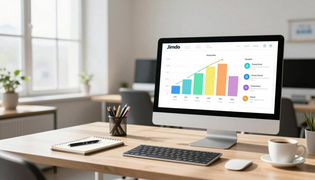 A modern workspace featuring a visually appealing comparison chart of Jimdo's pricing plans. In the foreground, a sleek computer displays colorful graphs and icons representing different subscription tiers. The middle ground includes a well-organized desk with a notepad, a pen, and a cup of coffee, enhancing productivity. The background features a bright, inviting office with large windows allowing natural light to fill the space, casting soft shadows. The atmosphere is professional yet relaxed, promoting creativity and focus. The image should capture a sense of clarity and organization, highlighting the essential details of the pricing information, with an emphasis on user-friendliness and accessibility in web design. A modern workspace featuring a visually appealing comparison chart of Jimdo's pricing plans. In the foreground, a sleek computer displays colorful graphs and icons representing different subscription tiers. The middle ground includes a well-organized desk with a notepad, a pen, and a cup of coffee, enhancing productivity. The background features a bright, inviting office with large windows allowing natural light to fill the space, casting soft shadows. The atmosphere is professional yet relaxed, promoting creativity and focus. The image should capture a sense of clarity and organization, highlighting the essential details of the pricing information, with an emphasis on user-friendliness and accessibility in web design.