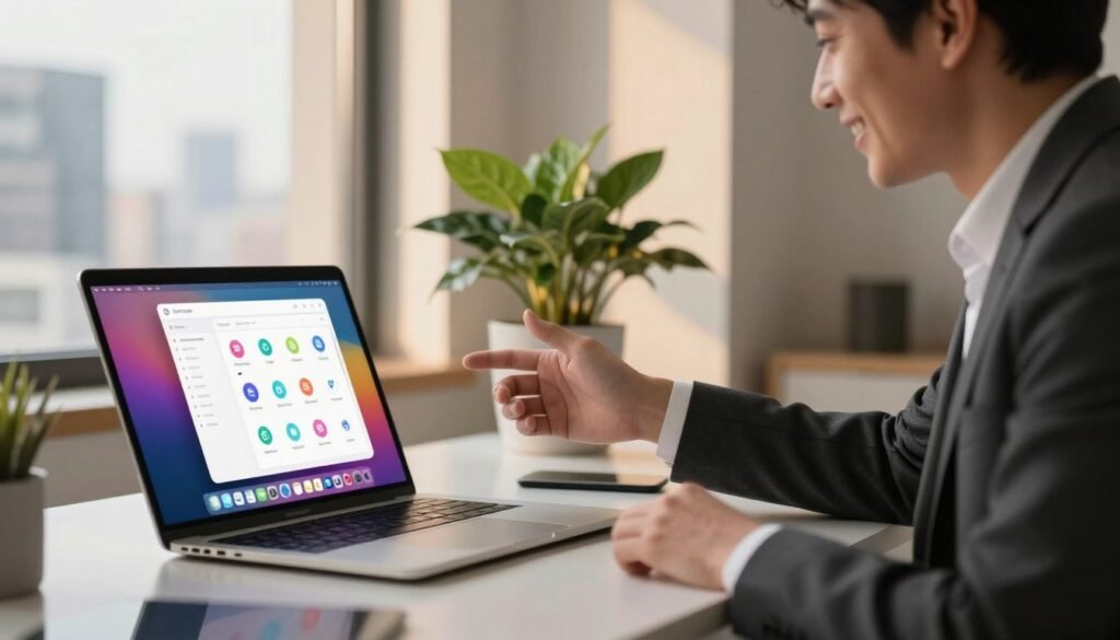 A modern workspace illustrating the concept of application management and time-saving efficiency. In the foreground, a sleek laptop displays a colorful dashboard with various app icons, emphasizing organization. To the side, a professional in business attire, featuring a friendly smile, gestures toward the screen, showcasing engagement. In the middle, a stylish plant adds a touch of greenery to the desk, and subtle lighting from a nearby window casts a warm glow over the scene. The background reveals an open window with a city skyline, suggesting a dynamic urban environment. The overall mood conveys productivity and innovation, with soft, inviting colors that create a positive atmosphere, highlighting the advantages of using an all-in-one platform like SetApp for daily tasks. A modern workspace illustrating the concept of application management and time-saving efficiency. In the foreground, a sleek laptop displays a colorful dashboard with various app icons, emphasizing organization. To the side, a professional in business attire, featuring a friendly smile, gestures toward the screen, showcasing engagement. In the middle, a stylish plant adds a touch of greenery to the desk, and subtle lighting from a nearby window casts a warm glow over the scene. The background reveals an open window with a city skyline, suggesting a dynamic urban environment. The overall mood conveys productivity and innovation, with soft, inviting colors that create a positive atmosphere, highlighting the advantages of using an all-in-one platform like SetApp for daily tasks.