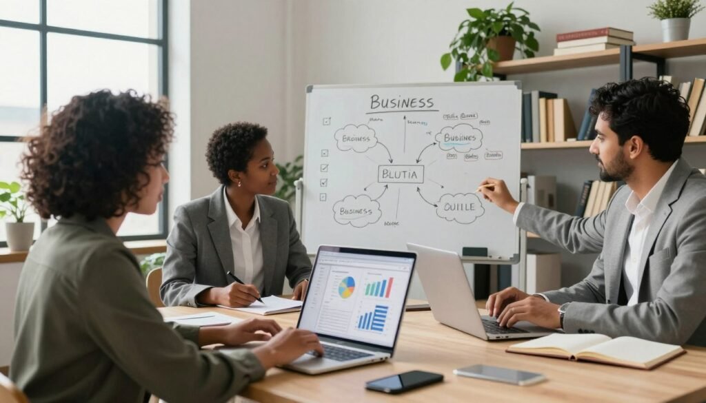 A modern workspace illustrating the steps to launch an online business, featuring a diverse group of professionals, including a Black woman and a South Asian man, dressed in smart business attire. In the foreground, a table displays a laptop, notepads, and a smartphone with charts and graphs on the screen. In the middle ground, a large whiteboard showcases mind maps and checklists for business planning. The backdrop includes shelves filled with books and plants, giving a lively atmosphere. Soft, natural lighting streams in from a large window, creating an inviting and focused mood. The angle is slightly tilted to capture both the action of brainstorming and the professionalism of the setting. A modern workspace illustrating the steps to launch an online business, featuring a diverse group of professionals, including a Black woman and a South Asian man, dressed in smart business attire. In the foreground, a table displays a laptop, notepads, and a smartphone with charts and graphs on the screen. In the middle ground, a large whiteboard showcases mind maps and checklists for business planning. The backdrop includes shelves filled with books and plants, giving a lively atmosphere. Soft, natural lighting streams in from a large window, creating an inviting and focused mood. The angle is slightly tilted to capture both the action of brainstorming and the professionalism of the setting.