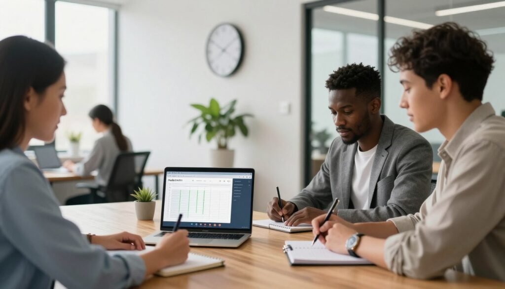 A modern workspace scene featuring a diverse group of professionals engaged in a virtual meeting. In the foreground, a laptop displays the Hubstaff interface with time-tracking features visible. Two team members, one Asian woman and one Black man, are seated at a sleek wooden table, focused and taking notes, dressed in smart casual attire. In the middle ground, a bright wall with a large clock and a potted plant emphasizes productivity. The background showcases a well-lit office with minimalistic decor and large windows that let in natural light, creating an inviting atmosphere. The mood is collaborative and professional, with soft lighting highlighting the team's engagement in their tasks. A modern workspace scene featuring a diverse group of professionals engaged in a virtual meeting. In the foreground, a laptop displays the Hubstaff interface with time-tracking features visible. Two team members, one Asian woman and one Black man, are seated at a sleek wooden table, focused and taking notes, dressed in smart casual attire. In the middle ground, a bright wall with a large clock and a potted plant emphasizes productivity. The background showcases a well-lit office with minimalistic decor and large windows that let in natural light, creating an inviting atmosphere. The mood is collaborative and professional, with soft lighting highlighting the team's engagement in their tasks.