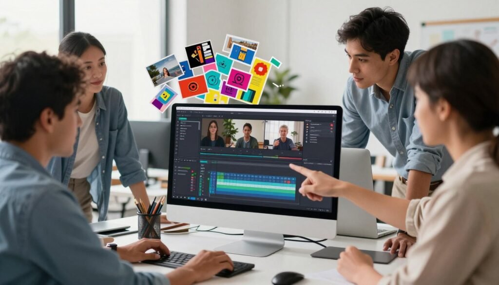 A modern workspace showcasing a computer screen with an open video editing software interface displaying the file importing process. In the foreground, a diverse group of professionals, dressed in smart casual clothing, attentively collaborate around the desk, pointing at the screen. In the middle ground, a colorful assortment of video clips and graphics visually spilling out from the computer, symbolizing creativity and collaboration. The background features soft-focus details of a bright, well-lit office space with large windows, allowing natural light to illuminate the scene, enhancing a productive and vibrant atmosphere. Capture the essence of teamwork and innovation in video editing, focusing on a clean and organized workspace, with a warm, inviting ambiance. A modern workspace showcasing a computer screen with an open video editing software interface displaying the file importing process. In the foreground, a diverse group of professionals, dressed in smart casual clothing, attentively collaborate around the desk, pointing at the screen. In the middle ground, a colorful assortment of video clips and graphics visually spilling out from the computer, symbolizing creativity and collaboration. The background features soft-focus details of a bright, well-lit office space with large windows, allowing natural light to illuminate the scene, enhancing a productive and vibrant atmosphere. Capture the essence of teamwork and innovation in video editing, focusing on a clean and organized workspace, with a warm, inviting ambiance.