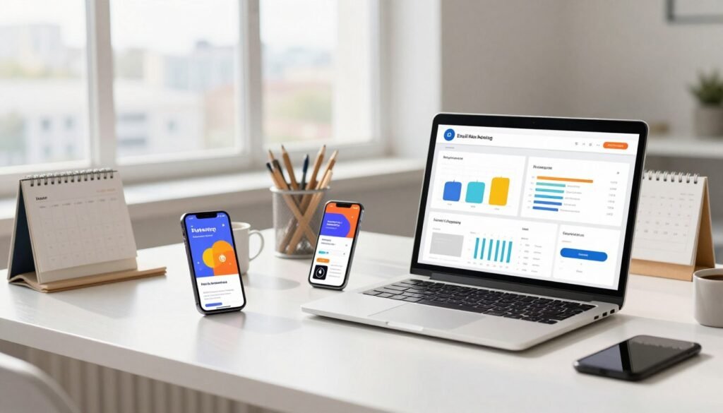 A modern workspace showcasing integrated email marketing tools. In the foreground, a laptop displays an engaging dashboard featuring colorful graphs and metrics, highlighting email campaign analytics. Beside it, a stylish smartphone shows a sample email design with vibrant visuals. In the middle, a neatly organized desk adorned with stationery, a coffee mug, and a calendar, symbolizing productivity and professionalism. The background features a large window with natural light streaming in, illuminating a cityscape outside, evoking a sense of innovation and focus. The mood is energetic and inspiring, with a clean, minimalistic design, perfect for a tech-savvy audience. The scene is captured with a soft focus effect, adding a touch of warmth and inviting atmosphere. A modern workspace showcasing integrated email marketing tools. In the foreground, a laptop displays an engaging dashboard featuring colorful graphs and metrics, highlighting email campaign analytics. Beside it, a stylish smartphone shows a sample email design with vibrant visuals. In the middle, a neatly organized desk adorned with stationery, a coffee mug, and a calendar, symbolizing productivity and professionalism. The background features a large window with natural light streaming in, illuminating a cityscape outside, evoking a sense of innovation and focus. The mood is energetic and inspiring, with a clean, minimalistic design, perfect for a tech-savvy audience. The scene is captured with a soft focus effect, adding a touch of warmth and inviting atmosphere.