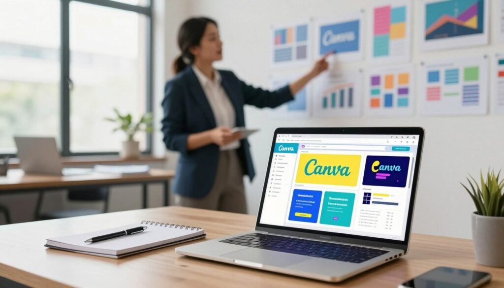 A modern workspace showcasing the integration of Canva into digital marketing strategies. In the foreground, a sleek laptop displaying a vibrant Canva dashboard filled with colorful graphics and marketing designs. Beside it, a notepad and pen highlight the planning process. In the middle ground, a confident business professional in smart attire is brainstorming ideas, gesturing towards a wall filled with printed marketing visuals created in Canva. In the background, large windows let in soft natural lighting, illuminating the room. The atmosphere feels innovative and productive, reflecting a collaborative environment where creativity meets strategy. The lens captures the scene at eye-level, enhancing the connection between the viewer and the workspace ambiance. A modern workspace showcasing the integration of Canva into digital marketing strategies. In the foreground, a sleek laptop displaying a vibrant Canva dashboard filled with colorful graphics and marketing designs. Beside it, a notepad and pen highlight the planning process. In the middle ground, a confident business professional in smart attire is brainstorming ideas, gesturing towards a wall filled with printed marketing visuals created in Canva. In the background, large windows let in soft natural lighting, illuminating the room. The atmosphere feels innovative and productive, reflecting a collaborative environment where creativity meets strategy. The lens captures the scene at eye-level, enhancing the connection between the viewer and the workspace ambiance.