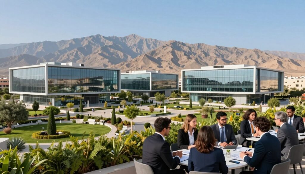 A panoramic view of Technopark Maroc, showcasing its modern architecture and innovative spirit. In the foreground, a diverse group of professionals in business attire collaborate at an outdoor workspace, engaged in discussions and brainstorming ideas. The middle ground features sleek, futuristic buildings with glass facades, symbolizing technology and progress. Vibrant greenery and carefully landscaped gardens surround thestructures, creating a harmonious blend of nature and innovation. In the background, the Atlas Mountains rise majestically under a clear blue sky, adding a touch of grandeur. Soft, natural lighting bathes the scene, creating an inviting and inspiring atmosphere. Capture this dynamic environment to reflect the essence of Technopark Maroc as a hub of innovation and entrepreneurship. A panoramic view of Technopark Maroc, showcasing its modern architecture and innovative spirit. In the foreground, a diverse group of professionals in business attire collaborate at an outdoor workspace, engaged in discussions and brainstorming ideas. The middle ground features sleek, futuristic buildings with glass facades, symbolizing technology and progress. Vibrant greenery and carefully landscaped gardens surround thestructures, creating a harmonious blend of nature and innovation. In the background, the Atlas Mountains rise majestically under a clear blue sky, adding a touch of grandeur. Soft, natural lighting bathes the scene, creating an inviting and inspiring atmosphere. Capture this dynamic environment to reflect the essence of Technopark Maroc as a hub of innovation and entrepreneurship.