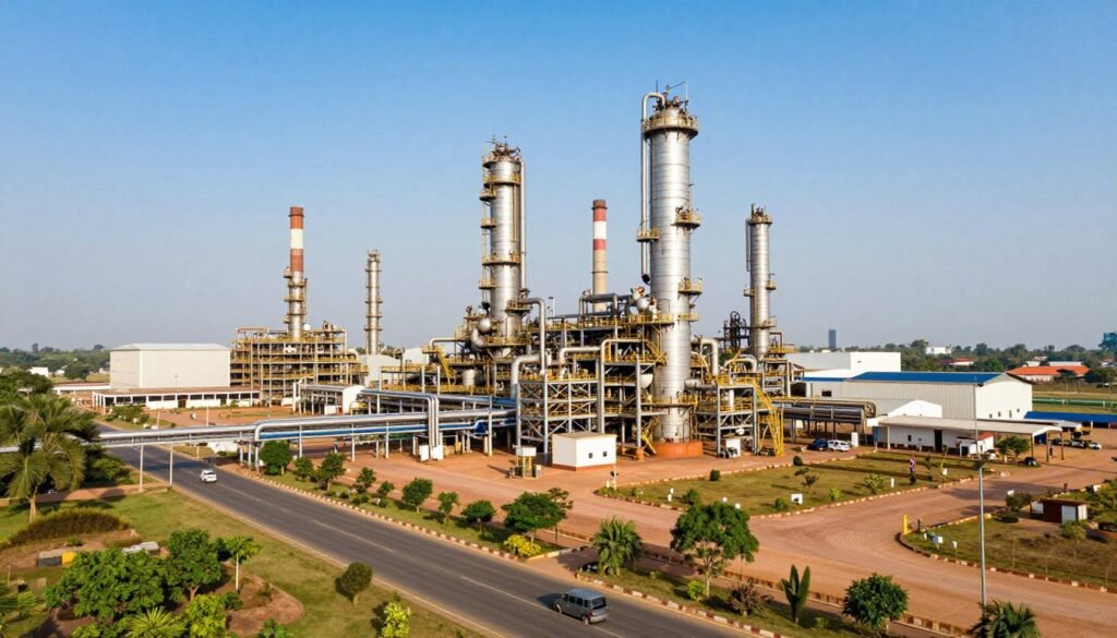 A panoramic view of the Dangote Refinery in Nigeria, showcasing its massive infrastructure and modern design. In the foreground, depict a well-maintained access road lined with greenery and small vehicles, emphasizing activity. The middle ground features the refinery's towering smokestacks and intricate network of pipes, gleaming under bright sunlight. The background reveals the expansive facility against a clear blue sky, hinting at the industrial scale of operations. Use warm, natural lighting to create a vibrant atmosphere, capturing the essence of innovation and progress. The angle should be slightly elevated, providing a comprehensive view of the site while maintaining a professional and corporate vibe. No text or additional elements should be included in the image. A panoramic view of the Dangote Refinery in Nigeria, showcasing its massive infrastructure and modern design. In the foreground, depict a well-maintained access road lined with greenery and small vehicles, emphasizing activity. The middle ground features the refinery's towering smokestacks and intricate network of pipes, gleaming under bright sunlight. The background reveals the expansive facility against a clear blue sky, hinting at the industrial scale of operations. Use warm, natural lighting to create a vibrant atmosphere, capturing the essence of innovation and progress. The angle should be slightly elevated, providing a comprehensive view of the site while maintaining a professional and corporate vibe. No text or additional elements should be included in the image.