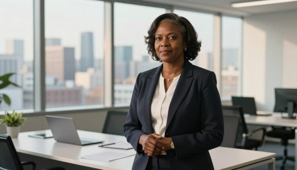 A portrait of Winnie Byanyima, the executive director of Oxfam International, standing confidently in a modern office environment. In the foreground, she is depicted wearing a professional business suit, exuding charisma and strength. Her expression is thoughtful, reflecting her leadership qualities. The middle ground features a sleek office desk with a few documents and a laptop, symbolizing her work. In the background, large windows reveal a city skyline, bathed in warm, natural light that creates an inspiring atmosphere. The composition captures a sense of purpose and determination, aiming to highlight her achievements and influence within Oxfam. The scene is well-lit, focusing on her as the centerpiece while conveying a professional tone with a slight depth of field effect to enhance focus. A portrait of Winnie Byanyima, the executive director of Oxfam International, standing confidently in a modern office environment. In the foreground, she is depicted wearing a professional business suit, exuding charisma and strength. Her expression is thoughtful, reflecting her leadership qualities. The middle ground features a sleek office desk with a few documents and a laptop, symbolizing her work. In the background, large windows reveal a city skyline, bathed in warm, natural light that creates an inspiring atmosphere. The composition captures a sense of purpose and determination, aiming to highlight her achievements and influence within Oxfam. The scene is well-lit, focusing on her as the centerpiece while conveying a professional tone with a slight depth of field effect to enhance focus.