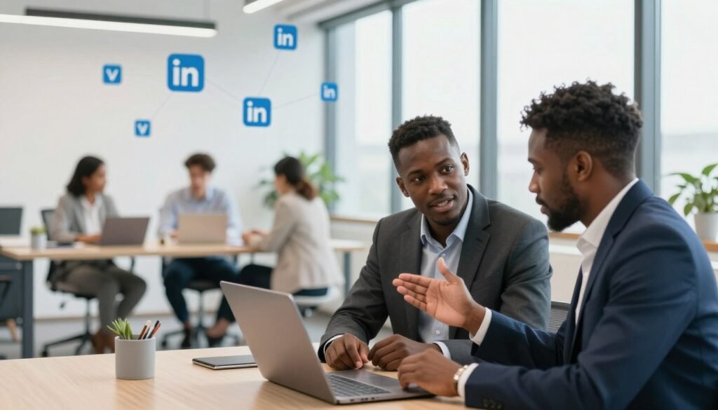 A professional African business setting featuring a diverse group of individuals engaged in a dynamic LinkedIn networking session. In the foreground, three professionals in business attire are sharing a laptop, discussing strategies for qualified lead generation. The middle layer showcases a modern office environment with sleek furniture and contemporary decor, while a large window allows natural light to flood in, creating a bright and inviting atmosphere. The background includes subtle representations of digital connections, like floating abstract icons symbolizing LinkedIn and networking. The overall mood is collaborative and focused, emphasizing the importance of leveraging professional networks for B2B success. Shot with a soft focus, using a 35mm lens to capture the engaged expressions of the participants. A professional African business setting featuring a diverse group of individuals engaged in a dynamic LinkedIn networking session. In the foreground, three professionals in business attire are sharing a laptop, discussing strategies for qualified lead generation. The middle layer showcases a modern office environment with sleek furniture and contemporary decor, while a large window allows natural light to flood in, creating a bright and inviting atmosphere. The background includes subtle representations of digital connections, like floating abstract icons symbolizing LinkedIn and networking. The overall mood is collaborative and focused, emphasizing the importance of leveraging professional networks for B2B success. Shot with a soft focus, using a 35mm lens to capture the engaged expressions of the participants.