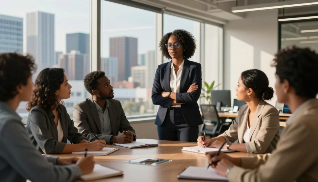 A professional African woman in her early 30s, Rebecca Enonchong, standing confidently in a modern office environment. She is wearing a smart business attire, with glasses that reflect her intelligence and determination. In the foreground, she is engaged in a discussion with a diverse group of individuals, who are attentively listening and taking notes. The middle ground features a large window that allows natural light to pour in, illuminating the room and casting interesting shadows. The background showcases a vibrant city skyline, symbolizing innovation and entrepreneurship. The atmosphere is inspiring and dynamic, with a sense of collaborative energy. The image is captured at a slight angle, emphasizing the interaction and the importance of her journey. The lighting is warm and inviting, creating an uplifting mood. A professional African woman in her early 30s, Rebecca Enonchong, standing confidently in a modern office environment. She is wearing a smart business attire, with glasses that reflect her intelligence and determination. In the foreground, she is engaged in a discussion with a diverse group of individuals, who are attentively listening and taking notes. The middle ground features a large window that allows natural light to pour in, illuminating the room and casting interesting shadows. The background showcases a vibrant city skyline, symbolizing innovation and entrepreneurship. The atmosphere is inspiring and dynamic, with a sense of collaborative energy. The image is captured at a slight angle, emphasizing the interaction and the importance of her journey. The lighting is warm and inviting, creating an uplifting mood.