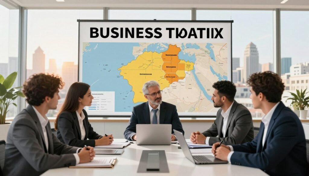 A professional Moroccan business setting illustrating the theme of business taxation and advantages for entrepreneurs. In the foreground, a diverse group of businesspeople in business attire, discussing over a modern conference table filled with financial documents and a laptop. In the middle ground, a large map of Morocco showcasing major cities and economic zones, symbolizing growth and opportunity. The background features a stylish office window overlooking a bustling Moroccan city skyline bathed in warm, natural sunlight, emphasizing a positive and optimistic mood. The atmosphere should convey professionalism and collaboration, with a focus on innovation in entrepreneurship. Soft, diffused lighting enhances a welcoming environment, capturing the essence of business in Morocco. A professional Moroccan business setting illustrating the theme of business taxation and advantages for entrepreneurs. In the foreground, a diverse group of businesspeople in business attire, discussing over a modern conference table filled with financial documents and a laptop. In the middle ground, a large map of Morocco showcasing major cities and economic zones, symbolizing growth and opportunity. The background features a stylish office window overlooking a bustling Moroccan city skyline bathed in warm, natural sunlight, emphasizing a positive and optimistic mood. The atmosphere should convey professionalism and collaboration, with a focus on innovation in entrepreneurship. Soft, diffused lighting enhances a welcoming environment, capturing the essence of business in Morocco.