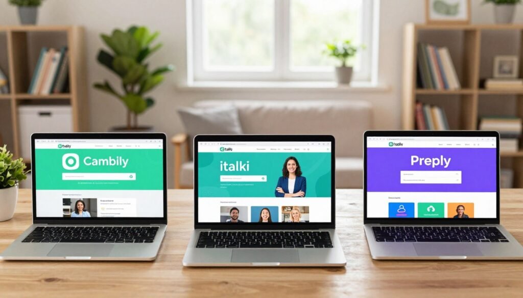 A professional and engaging comparison of online English learning platforms, focusing on Cambly, italki, and Preply. In the foreground, showcase three distinct laptops, each displaying the respective websites of Cambly, italki, and Preply, with vibrant colors and clear interfaces. In the middle ground, depict a modern, cozy study space, featuring a comfortable chair, potted plants, and bookshelves filled with English language materials. The background should have a softly blurred window with natural light streaming in, creating a bright and inviting atmosphere. Use warm, inviting lighting to evoke a sense of learning and productivity, and choose a slight overhead angle to capture the entire scene harmoniously, ensuring a clean and professional look without any text or watermarks. A professional and engaging comparison of online English learning platforms, focusing on Cambly, italki, and Preply. In the foreground, showcase three distinct laptops, each displaying the respective websites of Cambly, italki, and Preply, with vibrant colors and clear interfaces. In the middle ground, depict a modern, cozy study space, featuring a comfortable chair, potted plants, and bookshelves filled with English language materials. The background should have a softly blurred window with natural light streaming in, creating a bright and inviting atmosphere. Use warm, inviting lighting to evoke a sense of learning and productivity, and choose a slight overhead angle to capture the entire scene harmoniously, ensuring a clean and professional look without any text or watermarks.
