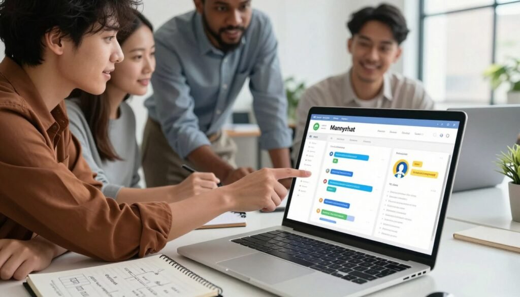 A professional and engaging workspace focused on configuring Manychat. In the foreground, a sleek laptop is open, displaying the Manychat dashboard with colorful graphs and chatbot designs visible. To the side, a notepad with handwritten steps for a tutorial is partially visible. In the middle, a diverse group of three individuals dressed in smart casual attire collaborate, pointing at the laptop screen while discussing strategies for customer engagement. The background features a bright, modern office environment with a large window allowing natural light to flood in, casting soft shadows. The overall mood is dynamic and focused, conveying a sense of teamwork and innovation in digital marketing. The composition is shot from a slightly elevated angle for added depth. A professional and engaging workspace focused on configuring Manychat. In the foreground, a sleek laptop is open, displaying the Manychat dashboard with colorful graphs and chatbot designs visible. To the side, a notepad with handwritten steps for a tutorial is partially visible. In the middle, a diverse group of three individuals dressed in smart casual attire collaborate, pointing at the laptop screen while discussing strategies for customer engagement. The background features a bright, modern office environment with a large window allowing natural light to flood in, casting soft shadows. The overall mood is dynamic and focused, conveying a sense of teamwork and innovation in digital marketing. The composition is shot from a slightly elevated angle for added depth.