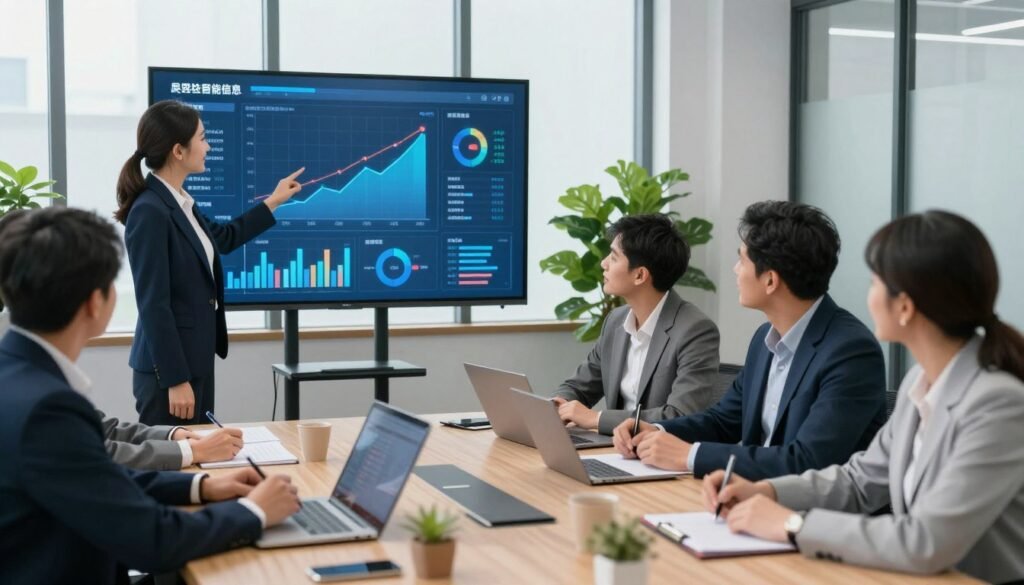 A professional and modern office environment where a diverse group of business professionals is engaged in an analytical meeting. In the foreground, a woman in a smart business suit points at a digital dashboard displaying graphs and metrics related to lead intelligence and visitor behavior analysis. In the middle, a large screen casts a soft blue light, showing detailed charts with upward trends and engagement statistics. Colleagues, dressed in business attire, are collaborating and taking notes, creating a dynamic atmosphere of teamwork and innovation. The background features sleek furniture, potted plants, and large windows letting in natural light, enhancing the mood of productivity and success. The image captures an inspirational and positive ambiance, symbolizing growth and strategic thinking in the digital age. A professional and modern office environment where a diverse group of business professionals is engaged in an analytical meeting. In the foreground, a woman in a smart business suit points at a digital dashboard displaying graphs and metrics related to lead intelligence and visitor behavior analysis. In the middle, a large screen casts a soft blue light, showing detailed charts with upward trends and engagement statistics. Colleagues, dressed in business attire, are collaborating and taking notes, creating a dynamic atmosphere of teamwork and innovation. The background features sleek furniture, potted plants, and large windows letting in natural light, enhancing the mood of productivity and success. The image captures an inspirational and positive ambiance, symbolizing growth and strategic thinking in the digital age.