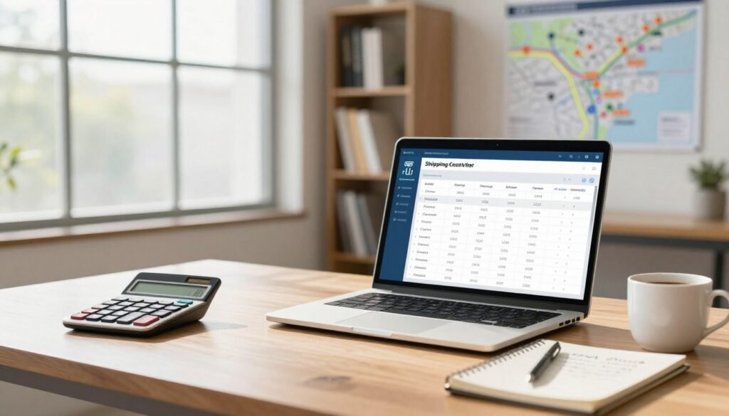 A professional and modern workspace featuring a beautifully arranged desk with a laptop displaying a shipping cost calculator and delivery timeline. In the foreground, focus on a calculator, a notepad with handwritten notes about pricing, and a coffee cup, all well-organized. The middle ground includes a large window allowing natural light to stream in, enhancing the atmosphere of productivity. In the background, a large map is pinned with marked delivery routes and a soft silhouette of bookshelves filled with various books. The overall mood is efficient and reassuring, symbolizing transparency in shipping and delivery processes. The lighting is bright and warm, capturing a positive and inviting environment. A professional and modern workspace featuring a beautifully arranged desk with a laptop displaying a shipping cost calculator and delivery timeline. In the foreground, focus on a calculator, a notepad with handwritten notes about pricing, and a coffee cup, all well-organized. The middle ground includes a large window allowing natural light to stream in, enhancing the atmosphere of productivity. In the background, a large map is pinned with marked delivery routes and a soft silhouette of bookshelves filled with various books. The overall mood is efficient and reassuring, symbolizing transparency in shipping and delivery processes. The lighting is bright and warm, capturing a positive and inviting environment.