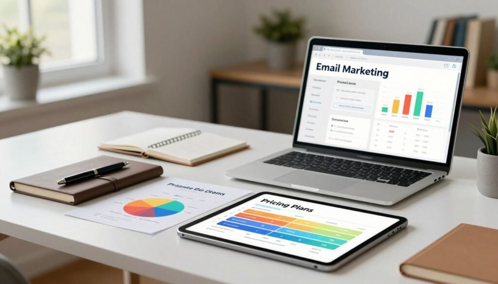 A professional and modern workspace featuring an elegant desk with a laptop open to an email marketing dashboard. In the foreground, a sleek tablet displays various pricing plans with clear, organized graphics, symbolizing different tiers of email marketing service. On the desk, a stylish notebook and pen add a touch of sophistication. The middle of the image includes a well-organized chart or infographic illustrating different pricing options, with vibrant colors for easy readability. The background showcases a softly blurred office setting with plants and books to create a calm atmosphere. Natural light streams in through a window, enhancing the inviting mood of productivity and professionalism. Use a soft focus lens effect for a warm and engaging visual presentation. A professional and modern workspace featuring an elegant desk with a laptop open to an email marketing dashboard. In the foreground, a sleek tablet displays various pricing plans with clear, organized graphics, symbolizing different tiers of email marketing service. On the desk, a stylish notebook and pen add a touch of sophistication. The middle of the image includes a well-organized chart or infographic illustrating different pricing options, with vibrant colors for easy readability. The background showcases a softly blurred office setting with plants and books to create a calm atmosphere. Natural light streams in through a window, enhancing the inviting mood of productivity and professionalism. Use a soft focus lens effect for a warm and engaging visual presentation.