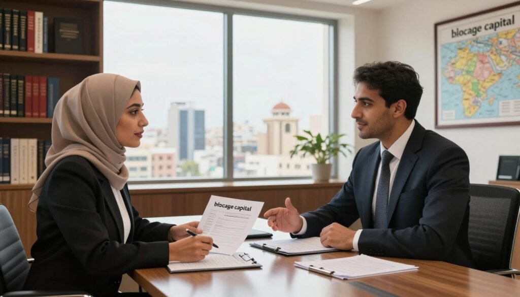 A professional banking scene illustrating the concept of "blocage capital." In the foreground, a well-dressed Moroccan businesswoman is seated at a sleek conference table filled with documents related to opening a bank account for a new company. She is intently discussing financial strategies with a bank manager, who is wearing formal attire. The middle ground features large windows showcasing a view of a bustling Moroccan cityscape, capturing the essence of modern commerce. Soft, natural light floods the room, creating an inviting atmosphere. The background includes shelves lined with financial books and a framed map of Morocco, symbolizing the national business landscape. The overall mood is focused and optimistic, reflecting the seriousness of capital investment and banking procedures. A professional banking scene illustrating the concept of "blocage capital." In the foreground, a well-dressed Moroccan businesswoman is seated at a sleek conference table filled with documents related to opening a bank account for a new company. She is intently discussing financial strategies with a bank manager, who is wearing formal attire. The middle ground features large windows showcasing a view of a bustling Moroccan cityscape, capturing the essence of modern commerce. Soft, natural light floods the room, creating an inviting atmosphere. The background includes shelves lined with financial books and a framed map of Morocco, symbolizing the national business landscape. The overall mood is focused and optimistic, reflecting the seriousness of capital investment and banking procedures.