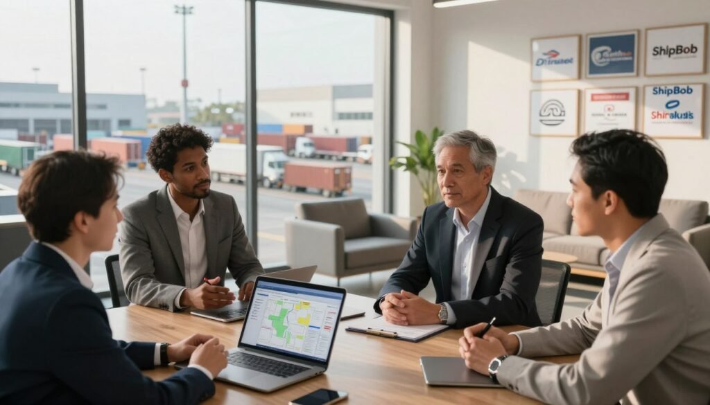 A professional business meeting in an upscale logistics office, featuring a diverse group of three executives discussing successful partnerships with ShipBob. The foreground shows them exchanging ideas, with a laptop displaying logistics metrics and maps. In the middle, a large window reveals a bustling shipping yard, filled with trucks and containers. The background includes sleek modern furniture and a wall adorned with framed logos of leading brands. Soft, ambient lighting creates a warm and inviting atmosphere, while natural sunlight streams in, highlighting a sense of trust and collaboration. The image should convey a mood of professionalism and optimism, reflecting the confidence brands have in reliable logistics solutions. A professional business meeting in an upscale logistics office, featuring a diverse group of three executives discussing successful partnerships with ShipBob. The foreground shows them exchanging ideas, with a laptop displaying logistics metrics and maps. In the middle, a large window reveals a bustling shipping yard, filled with trucks and containers. The background includes sleek modern furniture and a wall adorned with framed logos of leading brands. Soft, ambient lighting creates a warm and inviting atmosphere, while natural sunlight streams in, highlighting a sense of trust and collaboration. The image should convey a mood of professionalism and optimism, reflecting the confidence brands have in reliable logistics solutions.