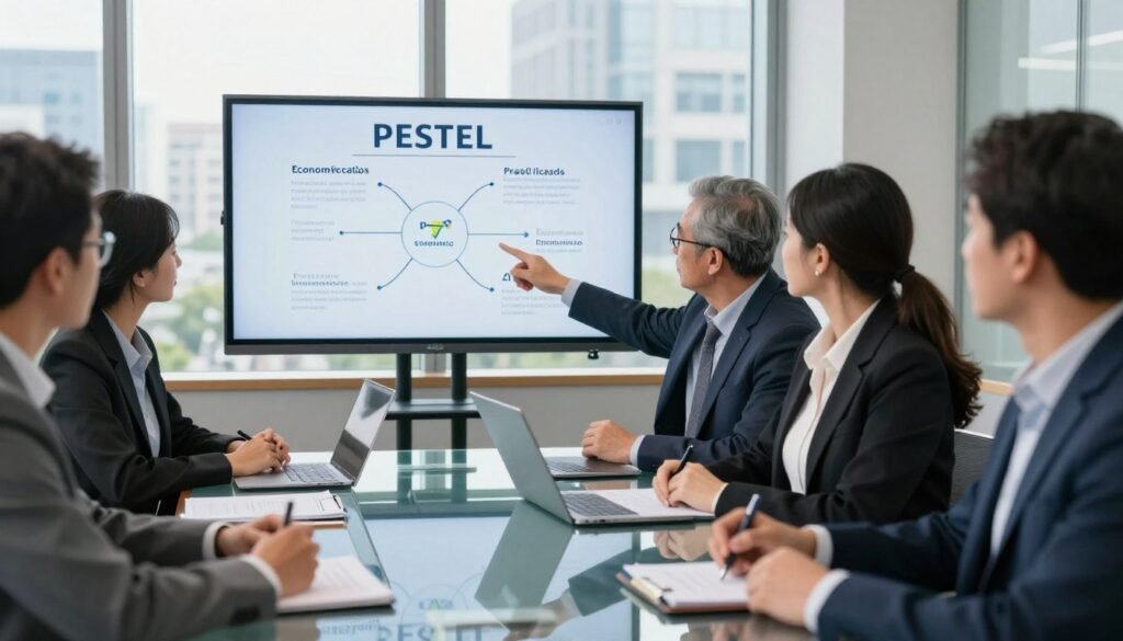 A professional business meeting scene depicting a diverse group of individuals analyzing a PESTEL framework on a large screen. Foreground: a focused woman in a smart business suit pointing at the Economic factors on the chart, while a middle-aged man takes notes. Middle: a transparent glass table scattered with documents and digital devices, illuminating the scene with a soft glow. Background: a modern conference room with large windows showing a cityscape bathed in natural daylight. The atmosphere is collaborative and dynamic, conveying a sense of strategic thinking and anticipation. The image should have high resolution, with a slight depth of field effect, emphasizing the participants' engagement with the PESTEL analysis without any text or distractions. A professional business meeting scene depicting a diverse group of individuals analyzing a PESTEL framework on a large screen. Foreground: a focused woman in a smart business suit pointing at the Economic factors on the chart, while a middle-aged man takes notes. Middle: a transparent glass table scattered with documents and digital devices, illuminating the scene with a soft glow. Background: a modern conference room with large windows showing a cityscape bathed in natural daylight. The atmosphere is collaborative and dynamic, conveying a sense of strategic thinking and anticipation. The image should have high resolution, with a slight depth of field effect, emphasizing the participants' engagement with the PESTEL analysis without any text or distractions.