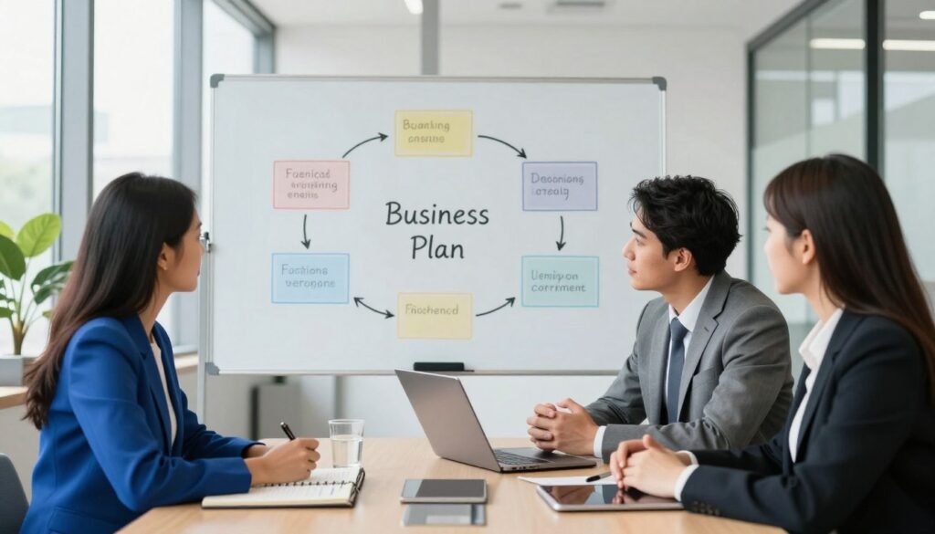 A professional business meeting scene illustrating the key steps of creating a business plan. In the foreground, a diverse group of three individuals—a woman in a smart blue blazer, a man in a grey suit, and a woman in a professional dress—are engaged in discussion around a conference table adorned with notepads, tablets, and a laptop, reflecting a collaborative environment. The middle area features a large, clear whiteboard filled with colorful diagrams and bullet points outlining the essential stages of a business plan. The background shows a modern office with large windows letting in bright daylight, creating a positive and inspiring atmosphere. The image captures a sense of focus and teamwork, with a soft focus to enhance professionalism, ensuring all human subjects are dressed appropriately for a business setting. A professional business meeting scene illustrating the key steps of creating a business plan. In the foreground, a diverse group of three individuals—a woman in a smart blue blazer, a man in a grey suit, and a woman in a professional dress—are engaged in discussion around a conference table adorned with notepads, tablets, and a laptop, reflecting a collaborative environment. The middle area features a large, clear whiteboard filled with colorful diagrams and bullet points outlining the essential stages of a business plan. The background shows a modern office with large windows letting in bright daylight, creating a positive and inspiring atmosphere. The image captures a sense of focus and teamwork, with a soft focus to enhance professionalism, ensuring all human subjects are dressed appropriately for a business setting.