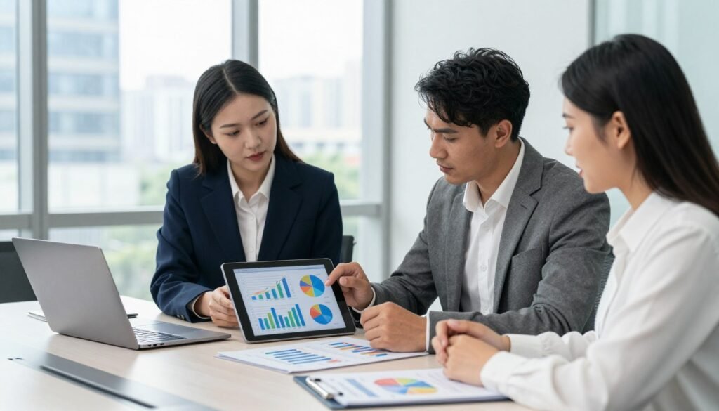 A professional business meeting scene set in a contemporary office environment. In the foreground, a diverse group of three business professionals, a woman in a tailored navy suit, a man in a crisp white dress shirt and grey blazer, and a woman in a smart-casual blouse. They are intently reviewing a dynamic business plan presentation on a digital tablet, showcasing vibrant charts and graphs. In the middle, a sleek conference table with a few strategically placed business documents and a laptop. The background features large windows with cityscape views, bright natural light pouring in, enhancing the atmosphere of focus and determination. The overall mood is one of collaboration and ambition, emphasizing the importance of convincing finance partners through clear visual communication. A professional business meeting scene set in a contemporary office environment. In the foreground, a diverse group of three business professionals, a woman in a tailored navy suit, a man in a crisp white dress shirt and grey blazer, and a woman in a smart-casual blouse. They are intently reviewing a dynamic business plan presentation on a digital tablet, showcasing vibrant charts and graphs. In the middle, a sleek conference table with a few strategically placed business documents and a laptop. The background features large windows with cityscape views, bright natural light pouring in, enhancing the atmosphere of focus and determination. The overall mood is one of collaboration and ambition, emphasizing the importance of convincing finance partners through clear visual communication.