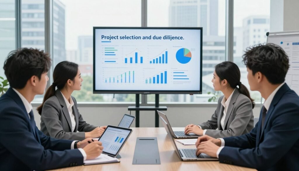A professional business meeting scene set in a modern conference room, illustrating the concept of “project selection and due diligence.” In the foreground, a diverse group of four professionals in smart business attire, two men and two women, engaged in a deep discussion while analyzing data on tablets and laptops. The middle layers feature a large presentation screen displaying graphs and statistics related to investment opportunities. The background showcases large windows with a view of a bustling city, allowing natural light to fill the room, creating a bright and optimistic atmosphere. The angle is slightly high, capturing the engaged faces and the dynamic exchange of ideas. The mood is focused and collaborative, emphasizing careful consideration and professionalism. A professional business meeting scene set in a modern conference room, illustrating the concept of “project selection and due diligence.” In the foreground, a diverse group of four professionals in smart business attire, two men and two women, engaged in a deep discussion while analyzing data on tablets and laptops. The middle layers feature a large presentation screen displaying graphs and statistics related to investment opportunities. The background showcases large windows with a view of a bustling city, allowing natural light to fill the room, creating a bright and optimistic atmosphere. The angle is slightly high, capturing the engaged faces and the dynamic exchange of ideas. The mood is focused and collaborative, emphasizing careful consideration and professionalism.