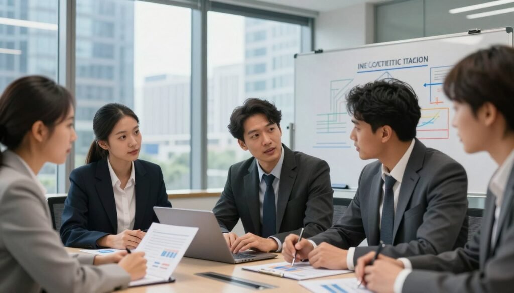 A professional business meeting scene set in a modern conference room. In the foreground, a diverse group of three professionals—two men and one woman—are actively discussing competitive analysis. They are dressed in formal business attire, with a laptop and graphs on the table providing visual data. In the middle ground, there are large glass windows showing a bustling cityscape, symbolizing a dynamic market. The background features a whiteboard with colorful diagrams illustrating competitive advantage. The lighting is bright and inviting, creating a collaborative atmosphere, with a slight depth of field effect focusing on the group while softly blurring the background elements. The overall mood is focused, innovative, and strategic, emphasizing the importance of analyzing competition in a modern business environment. A professional business meeting scene set in a modern conference room. In the foreground, a diverse group of three professionals—two men and one woman—are actively discussing competitive analysis. They are dressed in formal business attire, with a laptop and graphs on the table providing visual data. In the middle ground, there are large glass windows showing a bustling cityscape, symbolizing a dynamic market. The background features a whiteboard with colorful diagrams illustrating competitive advantage. The lighting is bright and inviting, creating a collaborative atmosphere, with a slight depth of field effect focusing on the group while softly blurring the background elements. The overall mood is focused, innovative, and strategic, emphasizing the importance of analyzing competition in a modern business environment.