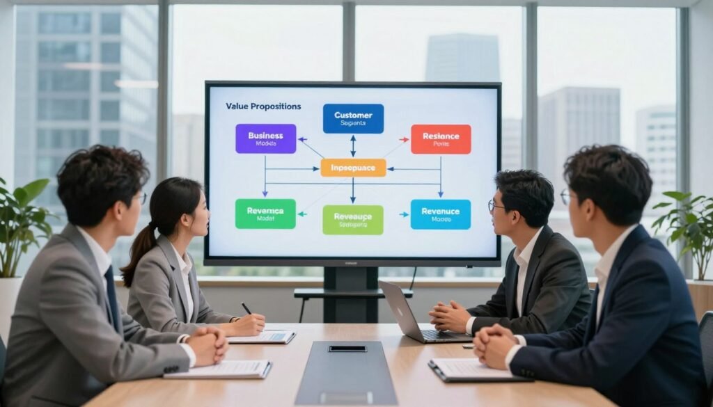 A professional business meeting set in a modern office environment. In the foreground, a diverse group of three individuals—two men and one woman—are engaged in an animated discussion around a sleek conference table, each wearing professional business attire. The middle ground features a large digital screen displaying a diagram of a business model, showcasing elements like value propositions, customer segments, and revenue streams with vibrant, clear visuals. The background shows large glass windows with a city skyline, allowing natural light to flood the room, creating a bright and optimistic atmosphere. The mood is collaborative and innovative, reflecting a forward-thinking approach to understanding business models. The image is framed at eye level to capture the intensity of the conversation and the importance of the information being shared. A professional business meeting set in a modern office environment. In the foreground, a diverse group of three individuals—two men and one woman—are engaged in an animated discussion around a sleek conference table, each wearing professional business attire. The middle ground features a large digital screen displaying a diagram of a business model, showcasing elements like value propositions, customer segments, and revenue streams with vibrant, clear visuals. The background shows large glass windows with a city skyline, allowing natural light to flood the room, creating a bright and optimistic atmosphere. The mood is collaborative and innovative, reflecting a forward-thinking approach to understanding business models. The image is framed at eye level to capture the intensity of the conversation and the importance of the information being shared.