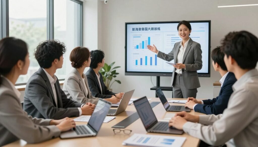 A professional business meeting setting, featuring a diverse group of individuals in modest business attire, gathered around a sleek table topped with laptops, notepads, and charts. In the foreground, a confident, poised leader gestures towards a presentation displayed on a large screen, showcasing key metrics and strategic plans for a fundraising campaign. The middle ground includes attentive team members, engaged and exchanging ideas. The background subtly shows a modern office with large windows allowing natural light to flood the room, creating an inviting and optimistic atmosphere. The overall mood is one of collaboration, motivation, and readiness for action, captured with a soft focus and warm lighting to emphasize the positivity of the moment. A professional business meeting setting, featuring a diverse group of individuals in modest business attire, gathered around a sleek table topped with laptops, notepads, and charts. In the foreground, a confident, poised leader gestures towards a presentation displayed on a large screen, showcasing key metrics and strategic plans for a fundraising campaign. The middle ground includes attentive team members, engaged and exchanging ideas. The background subtly shows a modern office with large windows allowing natural light to flood the room, creating an inviting and optimistic atmosphere. The overall mood is one of collaboration, motivation, and readiness for action, captured with a soft focus and warm lighting to emphasize the positivity of the moment.