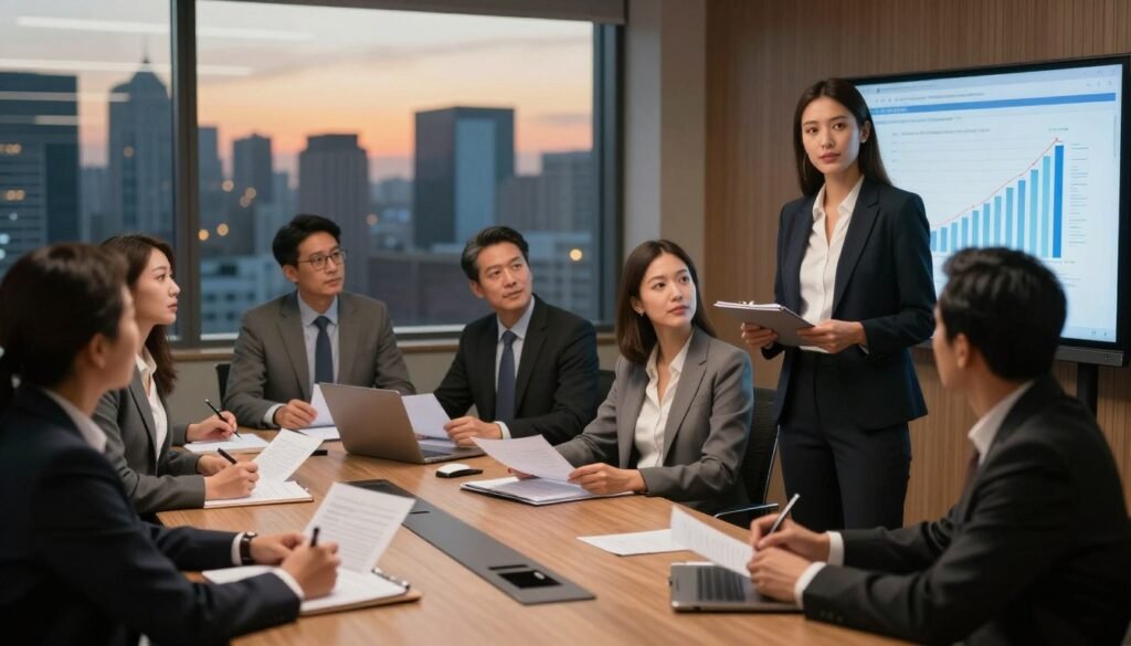 A professional business meeting setting in an elegant conference room, featuring a diverse group of investors deep in discussion. In the foreground, a confident businesswoman presents a financial graph on a large screen, dressed in a stylish business suit. In the middle, several attentive investors, both men and women, with focused expressions, reviewing documents and taking notes. Background showcases a large window with city skyline views illuminated by evening light, casting a warm glow throughout the room. The atmosphere is serious yet optimistic, conveying a sense of potential collaboration and opportunity. Soft lighting highlights the participants' faces, emphasizing their engagement and professionalism. No text or logos are included. A professional business meeting setting in an elegant conference room, featuring a diverse group of investors deep in discussion. In the foreground, a confident businesswoman presents a financial graph on a large screen, dressed in a stylish business suit. In the middle, several attentive investors, both men and women, with focused expressions, reviewing documents and taking notes. Background showcases a large window with city skyline views illuminated by evening light, casting a warm glow throughout the room. The atmosphere is serious yet optimistic, conveying a sense of potential collaboration and opportunity. Soft lighting highlights the participants' faces, emphasizing their engagement and professionalism. No text or logos are included.
