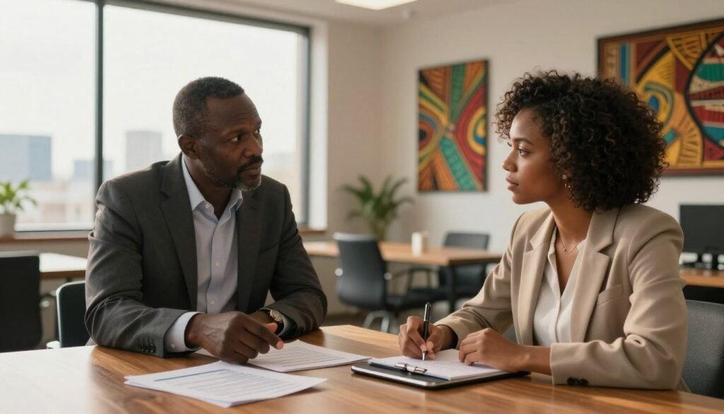 A professional business meeting taking place in a modern office in Africa, showcasing two partners engaged in a discussion. In the foreground, a middle-aged African man in a tailored suit gestures towards financial documents spread out on a wooden table, while a young woman in professional attire attentively takes notes on a tablet. The middle ground features a large window allowing warm sunlight to flood the room, illuminating colorful African art on the walls. In the background, a city skyline is visible, hinting at economic growth and opportunity. The atmosphere is focused and collaborative, with a sense of trust and partnership in the air. Use soft lighting to evoke a warm, inviting mood, captured from a slight angle to provide depth to the scene. A professional business meeting taking place in a modern office in Africa, showcasing two partners engaged in a discussion. In the foreground, a middle-aged African man in a tailored suit gestures towards financial documents spread out on a wooden table, while a young woman in professional attire attentively takes notes on a tablet. The middle ground features a large window allowing warm sunlight to flood the room, illuminating colorful African art on the walls. In the background, a city skyline is visible, hinting at economic growth and opportunity. The atmosphere is focused and collaborative, with a sense of trust and partnership in the air. Use soft lighting to evoke a warm, inviting mood, captured from a slight angle to provide depth to the scene.