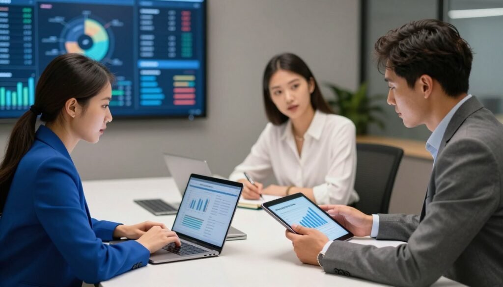 A professional business setting, featuring a diverse group of three users engaged in a discussion about Bright Data. In the foreground, focus on two individuals: one is a woman in a smart blue blazer, using a laptop, and the other is a man in a gray suit, holding a tablet, both analyzing graphs. In the middle ground, a third person, a woman in a modest white blouse, observes and takes notes on a notepad, seated at a modern conference table. The background has a large screen displaying real-time data visuals related to Bright Data, illuminated with soft ambient lighting. The atmosphere is collaborative and dynamic, conveying a sense of active engagement and professionalism. Use a slightly elevated angle to capture the scene effectively. A professional business setting, featuring a diverse group of three users engaged in a discussion about Bright Data. In the foreground, focus on two individuals: one is a woman in a smart blue blazer, using a laptop, and the other is a man in a gray suit, holding a tablet, both analyzing graphs. In the middle ground, a third person, a woman in a modest white blouse, observes and takes notes on a notepad, seated at a modern conference table. The background has a large screen displaying real-time data visuals related to Bright Data, illuminated with soft ambient lighting. The atmosphere is collaborative and dynamic, conveying a sense of active engagement and professionalism. Use a slightly elevated angle to capture the scene effectively.