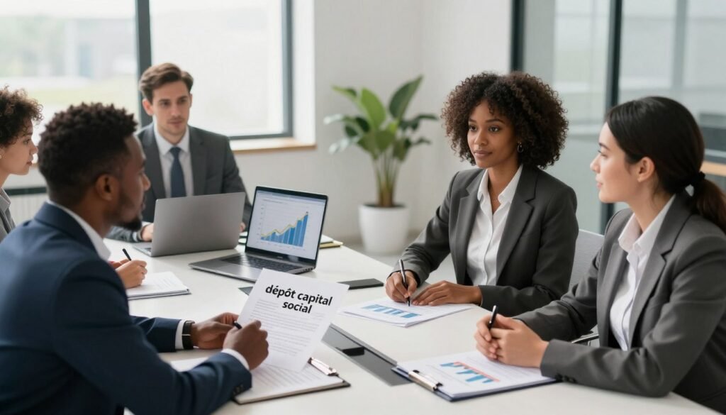 A professional business setting illustrating the concept of "dépôt capital social" in Africa. The foreground features a diverse group of three individuals, one male and two females, all dressed in formal business attire, engaging in a discussion around a modern conference table. In the middle, there are documents related to capital deposit, a laptop displaying graphs, and financial charts, symbolizing business growth. The background shows a bright and open office space with large windows, allowing natural light to filter in, casting soft shadows. The atmosphere is focused and collaborative, conveying a sense of ambition and determination. The angle is slightly elevated, capturing both the participants and the workspace, creating depth and professionalism. A professional business setting illustrating the concept of "dépôt capital social" in Africa. The foreground features a diverse group of three individuals, one male and two females, all dressed in formal business attire, engaging in a discussion around a modern conference table. In the middle, there are documents related to capital deposit, a laptop displaying graphs, and financial charts, symbolizing business growth. The background shows a bright and open office space with large windows, allowing natural light to filter in, casting soft shadows. The atmosphere is focused and collaborative, conveying a sense of ambition and determination. The angle is slightly elevated, capturing both the participants and the workspace, creating depth and professionalism.