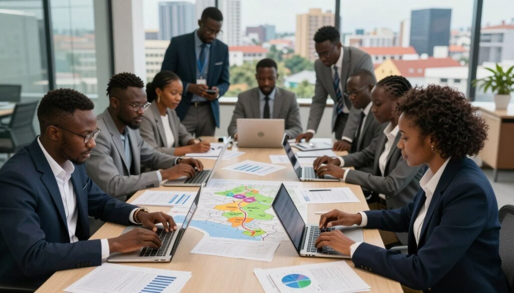 A professional business setting in Côte d'Ivoire, depicting a diverse group of entrepreneurs engaged in the process of creating a company. In the foreground, a male and female entrepreneur, dressed in smart business attire, discuss documents and digital devices, showcasing collaboration. The middle layer features a large table with scattered papers, laptops, and a map of Côte d'Ivoire indicating various business zones, symbolizing the procedural aspect of starting a business. In the background, a modern office environment with glass windows revealing a vibrant cityscape, illuminated by soft, natural light filtering through. The atmosphere is dynamic and hopeful, emphasizing a sense of opportunity and entrepreneurship in a growing economy. A professional business setting in Côte d'Ivoire, depicting a diverse group of entrepreneurs engaged in the process of creating a company. In the foreground, a male and female entrepreneur, dressed in smart business attire, discuss documents and digital devices, showcasing collaboration. The middle layer features a large table with scattered papers, laptops, and a map of Côte d'Ivoire indicating various business zones, symbolizing the procedural aspect of starting a business. In the background, a modern office environment with glass windows revealing a vibrant cityscape, illuminated by soft, natural light filtering through. The atmosphere is dynamic and hopeful, emphasizing a sense of opportunity and entrepreneurship in a growing economy.