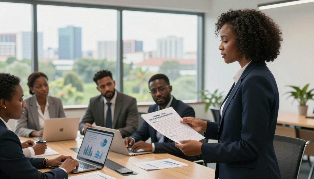 A professional business setting inside a modern office in Cameroon, showcasing a diverse group of individuals gathered around a large conference table. In the foreground, a confident African woman in a smart suit is presenting a document about business legal structures. In the middle, a man and woman of different ethnicities are reviewing charts and graphs displayed on a laptop. The background reveals large windows with views of the city skyline and greenery, symbolizing growth and opportunity. Soft, natural lighting illuminates the scene, creating a warm and inviting atmosphere. The composition emphasizes collaboration and decision-making regarding legal frameworks and taxation in business, without any text or distractions. A professional business setting inside a modern office in Cameroon, showcasing a diverse group of individuals gathered around a large conference table. In the foreground, a confident African woman in a smart suit is presenting a document about business legal structures. In the middle, a man and woman of different ethnicities are reviewing charts and graphs displayed on a laptop. The background reveals large windows with views of the city skyline and greenery, symbolizing growth and opportunity. Soft, natural lighting illuminates the scene, creating a warm and inviting atmosphere. The composition emphasizes collaboration and decision-making regarding legal frameworks and taxation in business, without any text or distractions.