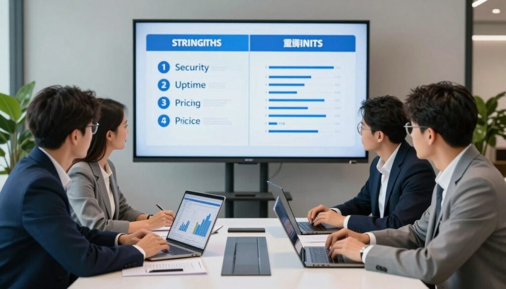 A professional business setting showcasing the strengths and weaknesses of web hosting services. In the foreground, a diverse group of three professionals, two men and one woman, gathered around a modern conference table. They are dressed in formal business attire, analyzing charts and graphs displayed on digital devices. The middle ground features a large screen with a bifurcated layout, depicting both strengths (like security and uptime) and weaknesses (like pricing or customer service). The background includes sleek office decor with plants and soft lighting that creates a focused yet collaborative atmosphere. The camera angle is slightly elevated to capture the dynamic discussion among the group, emphasizing teamwork and transparency in evaluating hosting services. The overall mood is professional and analytical, inviting viewers to engage with the topic. A professional business setting showcasing the strengths and weaknesses of web hosting services. In the foreground, a diverse group of three professionals, two men and one woman, gathered around a modern conference table. They are dressed in formal business attire, analyzing charts and graphs displayed on digital devices. The middle ground features a large screen with a bifurcated layout, depicting both strengths (like security and uptime) and weaknesses (like pricing or customer service). The background includes sleek office decor with plants and soft lighting that creates a focused yet collaborative atmosphere. The camera angle is slightly elevated to capture the dynamic discussion among the group, emphasizing teamwork and transparency in evaluating hosting services. The overall mood is professional and analytical, inviting viewers to engage with the topic.