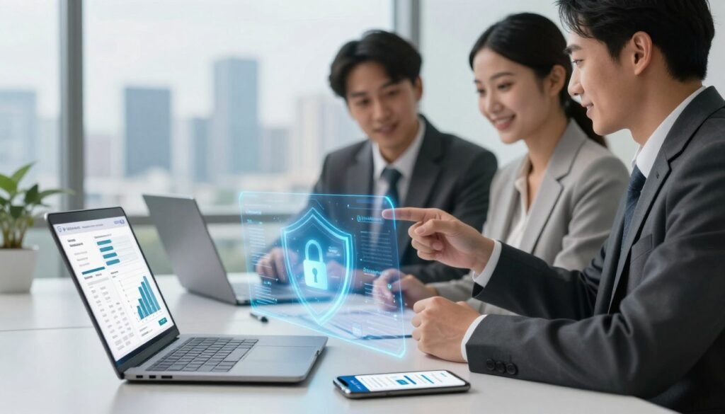 A professional businessman and businesswoman in formal attire are collaborating at a sleek, modern office desk with digital devices showing graphs and transaction data. The foreground features a laptop displaying a secure payment interface, while a smartphone displays a digital wallet app. In the middle, a glowing holographic interface illustrates data encryption and security mechanisms, such as locks and shields. The background showcases a panoramic view of a city skyline, with soft, natural lighting filtering through large windows, creating a bright and optimistic atmosphere. The overall mood conveys trust, professionalism, and innovation in securing transactions and protecting data. A professional businessman and businesswoman in formal attire are collaborating at a sleek, modern office desk with digital devices showing graphs and transaction data. The foreground features a laptop displaying a secure payment interface, while a smartphone displays a digital wallet app. In the middle, a glowing holographic interface illustrates data encryption and security mechanisms, such as locks and shields. The background showcases a panoramic view of a city skyline, with soft, natural lighting filtering through large windows, creating a bright and optimistic atmosphere. The overall mood conveys trust, professionalism, and innovation in securing transactions and protecting data.