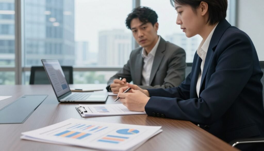 A professional businesswoman and businessman sitting at a sleek conference table in a modern office environment, engaged in a discussion about fundraising strategies. The foreground features a close-up of documents and charts illustrating investment goals and financial projections, emphasizing the analytical aspects of a fundraising campaign. In the middle ground, the pair appear focused and determined, dressed in smart professional attire, with a laptop open displaying a presentation. The background includes large windows showing a cityscape, conveying a sense of success and ambition. Soft, natural lighting enhances the atmosphere, exuding a mood of collaboration and professionalism, while a slightly elevated angle offers a dynamic perspective on their interaction. A professional businesswoman and businessman sitting at a sleek conference table in a modern office environment, engaged in a discussion about fundraising strategies. The foreground features a close-up of documents and charts illustrating investment goals and financial projections, emphasizing the analytical aspects of a fundraising campaign. In the middle ground, the pair appear focused and determined, dressed in smart professional attire, with a laptop open displaying a presentation. The background includes large windows showing a cityscape, conveying a sense of success and ambition. Soft, natural lighting enhances the atmosphere, exuding a mood of collaboration and professionalism, while a slightly elevated angle offers a dynamic perspective on their interaction.