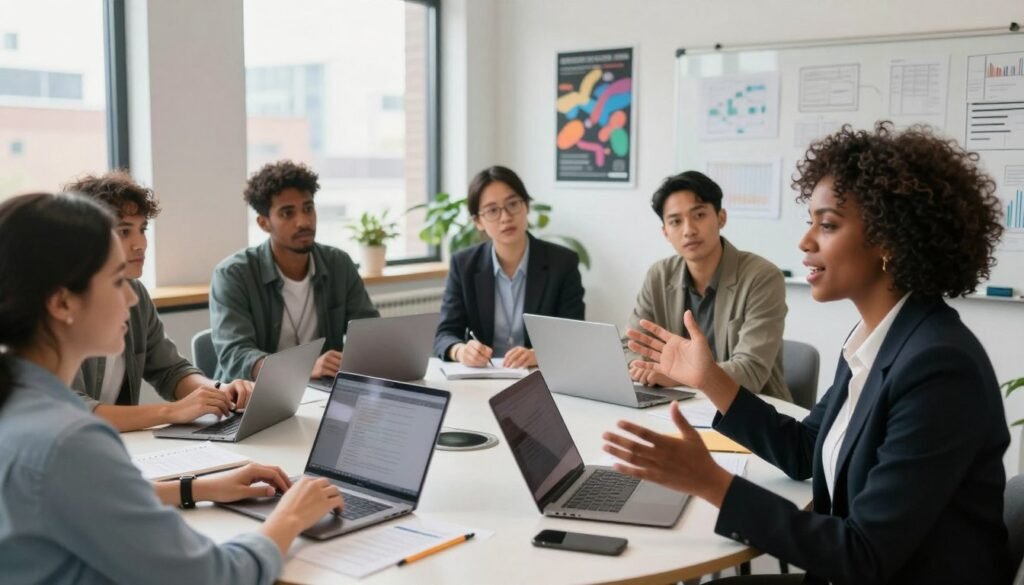 A professional coaching session in a modern startup environment, depicting a diverse group of founders engaged in a brainstorming discussion around a round table. Foreground includes a focused Black woman in business attire, gesturing enthusiastically as she shares her ideas. Middle ground showcases multicultural team members with laptops and notepads, attentively listening and taking notes. Background features a bright, open office space with large windows showing a cityscape, inspirational posters, and a whiteboard filled with sketches and plans. Soft natural lighting enhances the collaborative atmosphere, creating a sense of innovation and teamwork. The overall mood is energetic and supportive, emphasizing the importance of operational support and training in fostering startup success. A professional coaching session in a modern startup environment, depicting a diverse group of founders engaged in a brainstorming discussion around a round table. Foreground includes a focused Black woman in business attire, gesturing enthusiastically as she shares her ideas. Middle ground showcases multicultural team members with laptops and notepads, attentively listening and taking notes. Background features a bright, open office space with large windows showing a cityscape, inspirational posters, and a whiteboard filled with sketches and plans. Soft natural lighting enhances the collaborative atmosphere, creating a sense of innovation and teamwork. The overall mood is energetic and supportive, emphasizing the importance of operational support and training in fostering startup success.