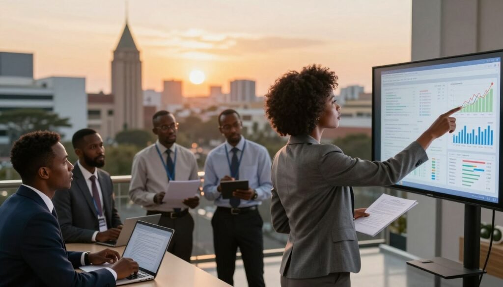 A professional conference scene in an African city, with business people of diverse ethnic backgrounds discussing investment strategies. In the foreground, a well-dressed African woman points at a digital screen displaying financial graphs and risk assessment charts. In the middle ground, several professionals of various ethnicities engage in conversation, some reviewing documents, others using laptops. The background reveals iconic African architecture and a skyline under a warm sunset, casting a golden hue across the scene. The atmosphere is dynamic and collaborative, conveying a sense of hope and opportunity for investors. Soft lighting enhances the professional tone, with a focus on clarity and engagement, captured from a slightly elevated angle. A professional conference scene in an African city, with business people of diverse ethnic backgrounds discussing investment strategies. In the foreground, a well-dressed African woman points at a digital screen displaying financial graphs and risk assessment charts. In the middle ground, several professionals of various ethnicities engage in conversation, some reviewing documents, others using laptops. The background reveals iconic African architecture and a skyline under a warm sunset, casting a golden hue across the scene. The atmosphere is dynamic and collaborative, conveying a sense of hope and opportunity for investors. Soft lighting enhances the professional tone, with a focus on clarity and engagement, captured from a slightly elevated angle.