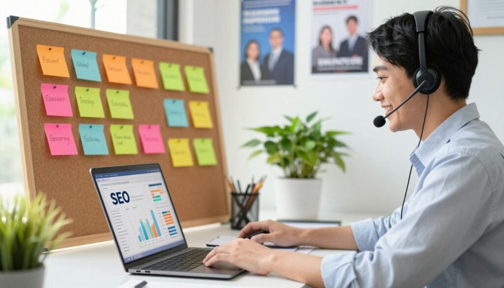 A professional customer support representative is seated at a modern desk, engaged in a friendly conversation with a client over a headset. The foreground features a laptop displaying SEO analytics on the screen, emphasizing key metrics and graphs. In the middle ground, colorful post-it notes with SEO tips are pinned on a corkboard, adding a vibrant touch. The background shows a bright office environment filled with natural light, featuring motivational posters related to teamwork and success. The atmosphere is positive and energetic, highlighting the responsive and effective nature of SE Ranking's customer support. The representative is dressed in smart casual attire, exuding professionalism and approachability, while plants in the background enhance the freshness of the setting. The image is warm, with soft lighting that conveys an inviting and supportive ambiance. A professional customer support representative is seated at a modern desk, engaged in a friendly conversation with a client over a headset. The foreground features a laptop displaying SEO analytics on the screen, emphasizing key metrics and graphs. In the middle ground, colorful post-it notes with SEO tips are pinned on a corkboard, adding a vibrant touch. The background shows a bright office environment filled with natural light, featuring motivational posters related to teamwork and success. The atmosphere is positive and energetic, highlighting the responsive and effective nature of SE Ranking's customer support. The representative is dressed in smart casual attire, exuding professionalism and approachability, while plants in the background enhance the freshness of the setting. The image is warm, with soft lighting that conveys an inviting and supportive ambiance.