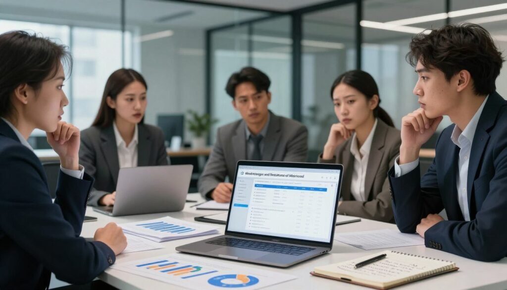 A professional, digital workspace depicting the concept of "disadvantages and limitations of Metricool." In the foreground, a sleek desk cluttered with analytical charts, a laptop showing Metricool’s dashboard with visible limitations highlighted, and a notepad with handwritten notes. In the middle, a group of diverse professionals, dressed in smart business attire, engaged in a discussion; their expressions show concern and contemplation. The background features a modern office environment with glass walls, allowing soft natural light to filter through, creating a balanced contrast with the digital elements in focus. The atmosphere conveys a sense of seriousness, as the team navigates through challenges in data management and analytics. A professional, digital workspace depicting the concept of "disadvantages and limitations of Metricool." In the foreground, a sleek desk cluttered with analytical charts, a laptop showing Metricool’s dashboard with visible limitations highlighted, and a notepad with handwritten notes. In the middle, a group of diverse professionals, dressed in smart business attire, engaged in a discussion; their expressions show concern and contemplation. The background features a modern office environment with glass walls, allowing soft natural light to filter through, creating a balanced contrast with the digital elements in focus. The atmosphere conveys a sense of seriousness, as the team navigates through challenges in data management and analytics.