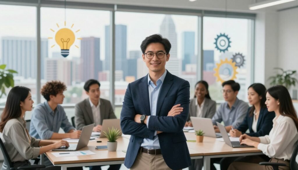 A professional entrepreneur in business attire stands confidently in the foreground, surrounded by a diverse team of engaged individuals discussing ideas and strategies, symbolizing creativity and collaboration. In the middle ground, a modern office setting with large windows showcases a vibrant city skyline, representing growth and opportunity. The background features abstract representations of innovation, such as lightbulbs and gears subtly integrated into the decor, illustrating Janngo Capital's mission. Soft, natural lighting floods the scene, creating an inspiring atmosphere. The perspective is slightly elevated, providing depth and focus on the teamwork and entrepreneurial spirit, conveying a sense of purpose and dedication to supporting aspiring business leaders. A professional entrepreneur in business attire stands confidently in the foreground, surrounded by a diverse team of engaged individuals discussing ideas and strategies, symbolizing creativity and collaboration. In the middle ground, a modern office setting with large windows showcases a vibrant city skyline, representing growth and opportunity. The background features abstract representations of innovation, such as lightbulbs and gears subtly integrated into the decor, illustrating Janngo Capital's mission. Soft, natural lighting floods the scene, creating an inspiring atmosphere. The perspective is slightly elevated, providing depth and focus on the teamwork and entrepreneurial spirit, conveying a sense of purpose and dedication to supporting aspiring business leaders.