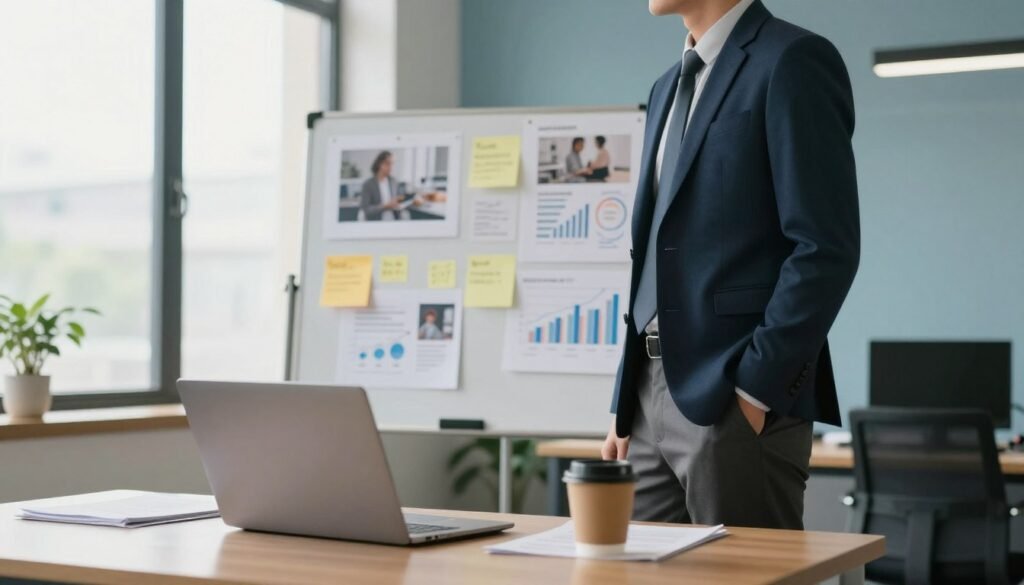 A professional individual in business attire, standing confidently in an office environment, reflecting on a vision board filled with notes, charts, and images representing their personal business project. In the foreground, a sleek desk holds a laptop and a coffee cup, symbolizing productivity and focus. The middle ground features large windows allowing natural light to filter in, illuminating the workspace and enhancing a sense of clarity and purpose. In the background, soft hues of blue and white create a calm atmosphere, with indoor plants adding a touch of nature. The composition is balanced and warm, evoking feelings of determination and coherence in aligning personal goals with professional aspirations. The scene should capture a moment of introspection and validation, with an inviting depth of field. A professional individual in business attire, standing confidently in an office environment, reflecting on a vision board filled with notes, charts, and images representing their personal business project. In the foreground, a sleek desk holds a laptop and a coffee cup, symbolizing productivity and focus. The middle ground features large windows allowing natural light to filter in, illuminating the workspace and enhancing a sense of clarity and purpose. In the background, soft hues of blue and white create a calm atmosphere, with indoor plants adding a touch of nature. The composition is balanced and warm, evoking feelings of determination and coherence in aligning personal goals with professional aspirations. The scene should capture a moment of introspection and validation, with an inviting depth of field.