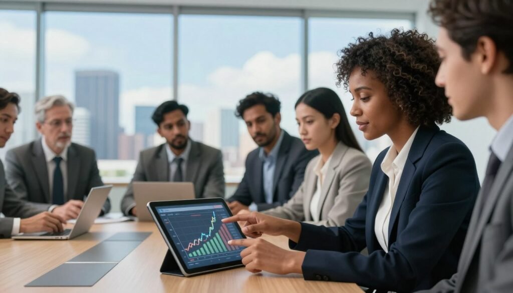 A professional meeting room filled with diverse individuals in business attire engaged in a discussion about investment growth strategies. In the foreground, a confident Black woman points at a digital tablet showcasing a detailed graph marked with rising investment trends. In the middle ground, a group of professionals, including a South Asian man and a Caucasian woman, are seated around a modern conference table, leaning forward, collaborating energetically. The background displays a large window with a view of a bustling city skyline under a bright blue sky, symbolizing opportunity. Soft, natural lighting floods the room, creating an optimistic and innovative atmosphere. The camera angle captures the group's expressions of enthusiasm and determination, with a slight depth of field effect to emphasize the interaction. A professional meeting room filled with diverse individuals in business attire engaged in a discussion about investment growth strategies. In the foreground, a confident Black woman points at a digital tablet showcasing a detailed graph marked with rising investment trends. In the middle ground, a group of professionals, including a South Asian man and a Caucasian woman, are seated around a modern conference table, leaning forward, collaborating energetically. The background displays a large window with a view of a bustling city skyline under a bright blue sky, symbolizing opportunity. Soft, natural lighting floods the room, creating an optimistic and innovative atmosphere. The camera angle captures the group's expressions of enthusiasm and determination, with a slight depth of field effect to emphasize the interaction.