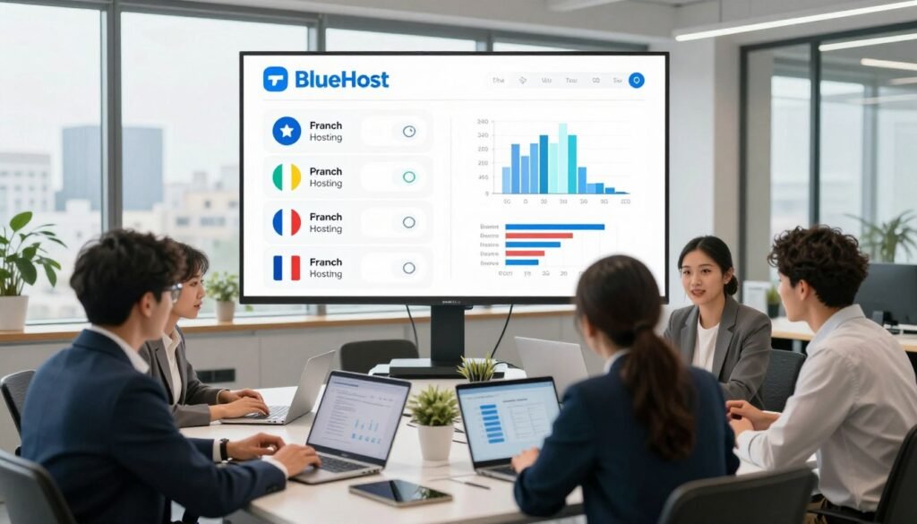 A professional, modern office environment showcasing a digital workspace focusing on French web hosting alternatives. In the foreground, a diverse group of people in business attire, engaged in discussion over laptops and charts that represent various web hosting options. The middle ground features an infographic-style comparison of BlueHost and several French hosting providers, illustrated through icons and balanced graphs. The background reveals a large window with a cityscape view, allowing natural light to flood the room, creating a bright and optimistic atmosphere. Use a focal length of 35mm for clarity, and ensure the lighting is soft yet vibrant, enhancing the collaborative mood. A professional, modern office environment showcasing a digital workspace focusing on French web hosting alternatives. In the foreground, a diverse group of people in business attire, engaged in discussion over laptops and charts that represent various web hosting options. The middle ground features an infographic-style comparison of BlueHost and several French hosting providers, illustrated through icons and balanced graphs. The background reveals a large window with a cityscape view, allowing natural light to flood the room, creating a bright and optimistic atmosphere. Use a focal length of 35mm for clarity, and ensure the lighting is soft yet vibrant, enhancing the collaborative mood.