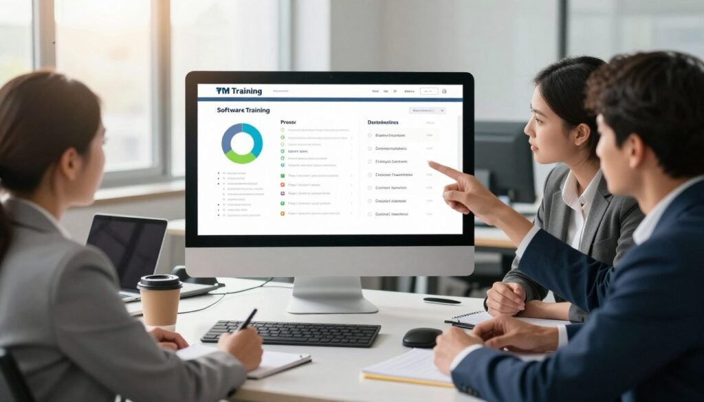 A professional, modern office environment showcasing a sleek digital training platform on a computer screen, surrounded by visual representations of advantages and disadvantages of software training, such as colorful charts, checklists, and pros and cons lists. In the foreground, a diverse group of three business professionals in business attire—two men and one woman—are engaged in discussion, pointing at the screen, with expressions of curiosity and analysis. The middle ground features a contemporary desk with tech gadgets, coffee cups, and notepads. The background includes large windows with natural light flooding in, casting a warm glow over the scene. The overall mood is collaborative and analytical, emphasizing the theme of employee training optimization. A professional, modern office environment showcasing a sleek digital training platform on a computer screen, surrounded by visual representations of advantages and disadvantages of software training, such as colorful charts, checklists, and pros and cons lists. In the foreground, a diverse group of three business professionals in business attire—two men and one woman—are engaged in discussion, pointing at the screen, with expressions of curiosity and analysis. The middle ground features a contemporary desk with tech gadgets, coffee cups, and notepads. The background includes large windows with natural light flooding in, casting a warm glow over the scene. The overall mood is collaborative and analytical, emphasizing the theme of employee training optimization.