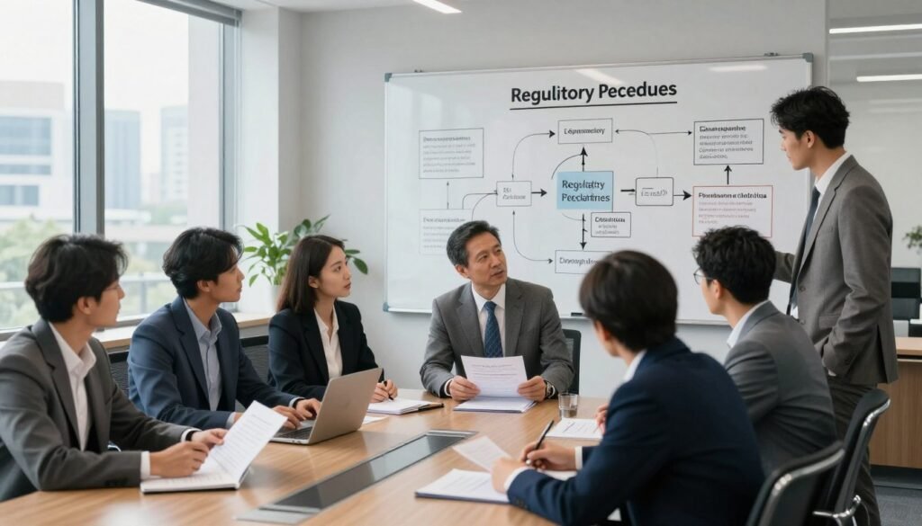 A professional office environment showcasing a detailed scene of regulatory procedures. In the foreground, a diverse group of businesspeople in professional attire are gathered around a sleek conference table, reviewing documents and discussing compliance requirements. The middle ground features a large whiteboard filled with flowcharts and diagrams representing administrative steps for creating a subsidiary in Africa. In the background, large windows let in soft, natural light, revealing a cityscape with modern buildings, symbolizing growth and opportunity. The atmosphere is collaborative and focused, filled with a sense of urgency and professionalism, captured from a slightly elevated angle to include both the team and the detailed visual aids. A professional office environment showcasing a detailed scene of regulatory procedures. In the foreground, a diverse group of businesspeople in professional attire are gathered around a sleek conference table, reviewing documents and discussing compliance requirements. The middle ground features a large whiteboard filled with flowcharts and diagrams representing administrative steps for creating a subsidiary in Africa. In the background, large windows let in soft, natural light, revealing a cityscape with modern buildings, symbolizing growth and opportunity. The atmosphere is collaborative and focused, filled with a sense of urgency and professionalism, captured from a slightly elevated angle to include both the team and the detailed visual aids.