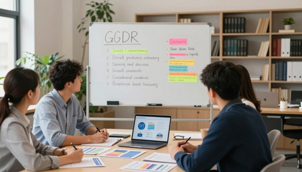 A professional office environment showcasing a team of small business employees engaged in a training session about GDPR compliance. In the foreground, a diverse group of three individuals—two men and one woman—are seated around a table covered with educational materials, such as brochures and a laptop displaying graphics related to data protection. The middle ground includes a large whiteboard filled with key points about GDPR, highlighted in colorful markers. In the background, a well-lit, modern office space featuring potted plants and bookshelves filled with reference books sets a conducive learning atmosphere. The lighting is warm and inviting, emanating a professional yet approachable mood, emphasizing collaboration and awareness in the context of GDPR for small and medium enterprises. A professional office environment showcasing a team of small business employees engaged in a training session about GDPR compliance. In the foreground, a diverse group of three individuals—two men and one woman—are seated around a table covered with educational materials, such as brochures and a laptop displaying graphics related to data protection. The middle ground includes a large whiteboard filled with key points about GDPR, highlighted in colorful markers. In the background, a well-lit, modern office space featuring potted plants and bookshelves filled with reference books sets a conducive learning atmosphere. The lighting is warm and inviting, emanating a professional yet approachable mood, emphasizing collaboration and awareness in the context of GDPR for small and medium enterprises.